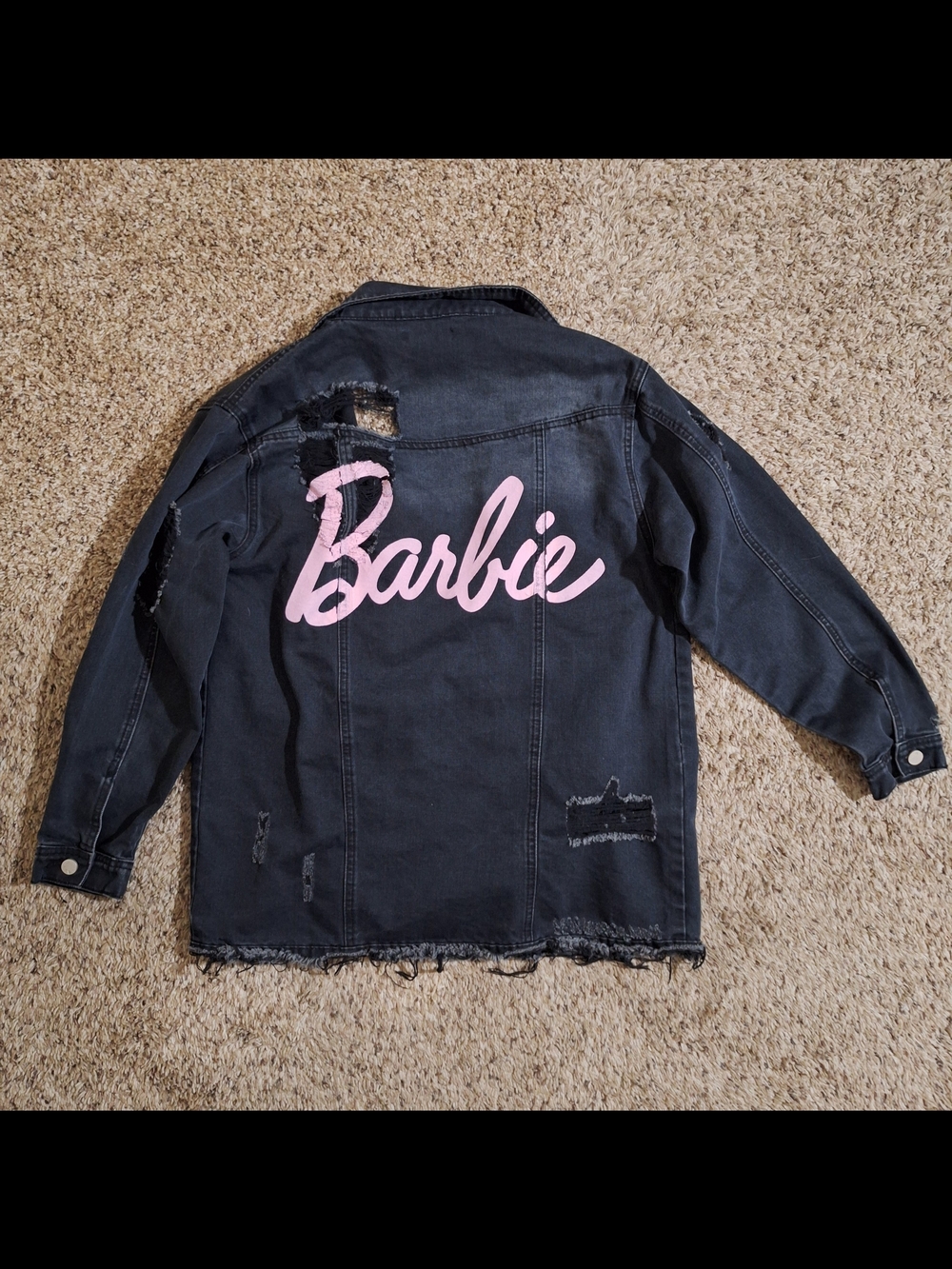 MISSGUIDED X BARBIE Black Distressed Denim Streetwear Jacket Size 6